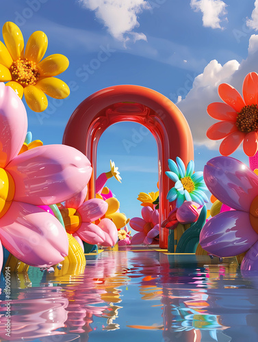 Inflated Arched Door Background, Inflated Flowers and Balloons, Product Showcase Background, Wedding Scene Background, Party Scene Background