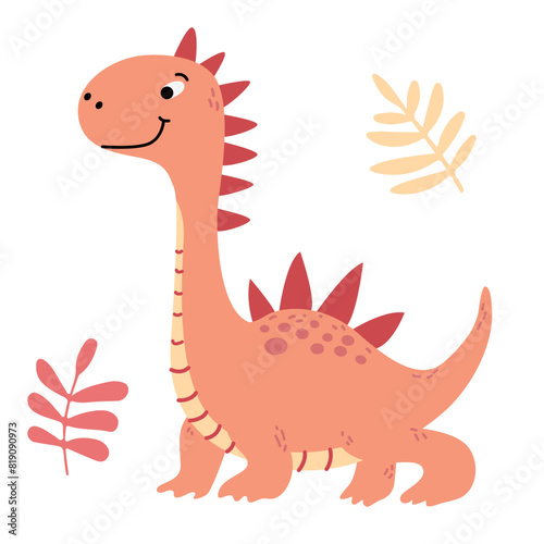 Charming illustration of a cute dinosaur in a flat vector style. Friendly and playful design is ideal for children s books  t-shirt  nursery decor  greeting cards  party invitations