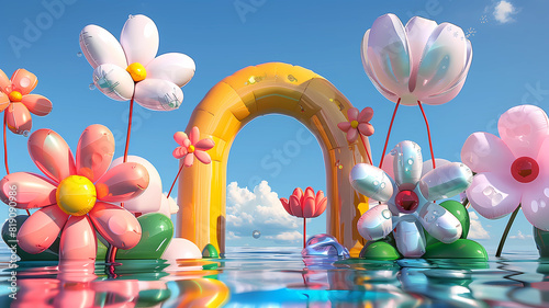 Inflated Arched Door Background, Inflated Flowers and Balloons, Product Showcase Background, Wedding Scene Background, Party Scene Background
