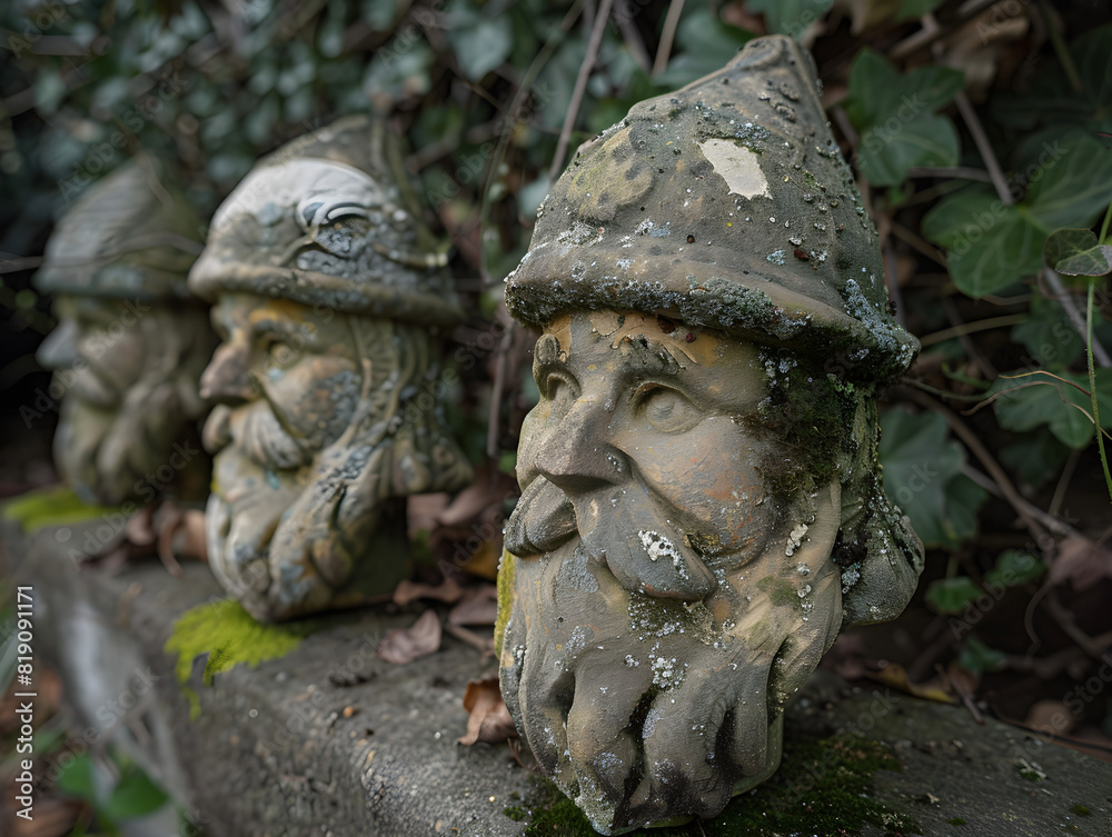 Obraz premium Weathered Garden Gnome Heads Partially Buried in Moss and Leaves Stone-Carved Bearded Faces with Lichen-Covered Hats in Overgrown Tranquil Garden Setting