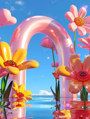 Inflated Arched Door Background, Inflated Flowers and Balloons, Product Showcase Background, Wedding Scene Background, Party Scene Background