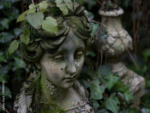 Serene Moss-Covered Stone Statue of Woman with Closed Eyes Amidst Overgrown Garden Foliage Peaceful Abandonment, Timeless Beauty, and Nature Reclaiming Old-World Charm in Weathered Antiquity