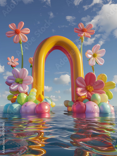 Inflated Arched Door Background, Inflated Flowers and Balloons, Product Showcase Background, Wedding Scene Background, Party Scene Background