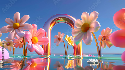 Inflated Arched Door Background, Inflated Flowers and Balloons, Product Showcase Background, Wedding Scene Background, Party Scene Background