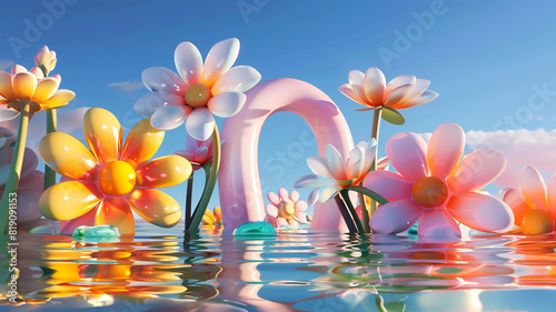 Inflated Arched Door Background, Inflated Flowers and Balloons, Product Showcase Background, Wedding Scene Background, Party Scene Background