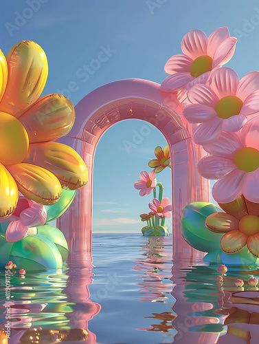 Inflated Arched Door Background, Inflated Flowers and Balloons, Product Showcase Background, Wedding Scene Background, Party Scene Background