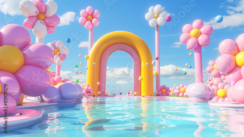 Inflated Arched Door Background, Inflated Flowers and Balloons, Product Showcase Background, Wedding Scene Background, Party Scene Background