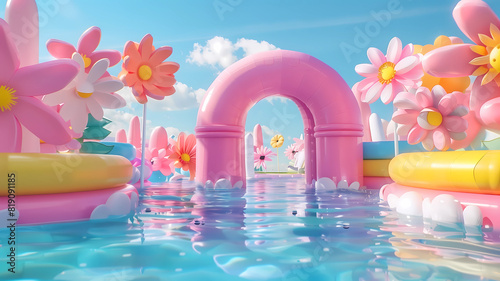 Inflated Arched Door Background, Inflated Flowers and Balloons, Product Showcase Background, Wedding Scene Background, Party Scene Background