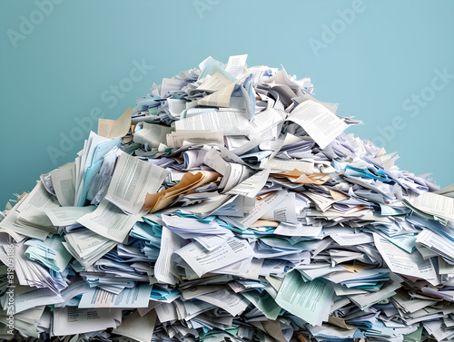 Chaotic Pile of Paperwork on Light Blue Background Depicting Administrative Overload, Office Clutter, and Organizational Stress - Disorganized Documents Highlighting Bureaucracy and Data Management photo