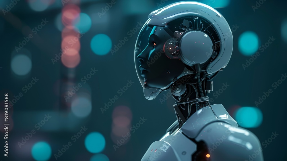 Humanoid robot with a sleek, white and silver design, set against a blurred background with bokeh light effects Humanoid robot with a sleek, white and silver design, set against a blurred background with bokeh light effects