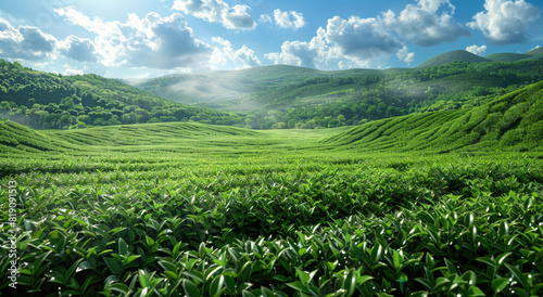 A green tea plantation with rows of fresh and lush tea leaves  overlooking rolling hills under the clear blue sky.