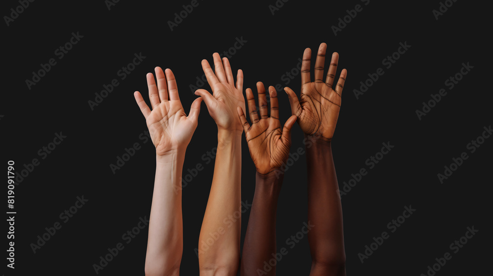 Diverse group raised hands up together for equality isolated on black background Diverse group raised hands up together for equality isolated on black background