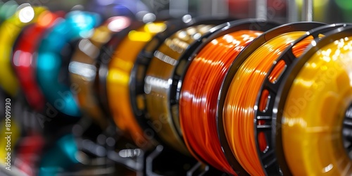 Closeup photo of multicolored plastic filaments on 3D printer spools. Concept Technology, 3D Printing, Multi-colored Filaments, Close-up Photo, Industrial Machinery