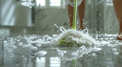 Person Mopping the Floor With a Green Mop