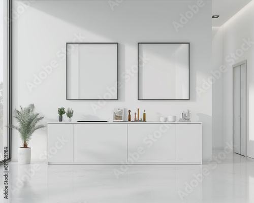 Ultra-modern all-white kitchen interior with two frames over a clean white wall  accompanied by white lacquered cabinets and a sleek white island table.