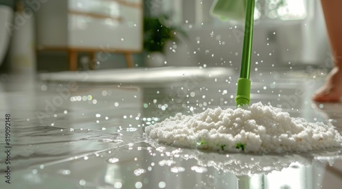 Person Mopping the Floor With a Green Mop photo