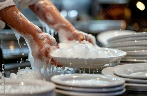Person Washing Plates in Kitchen