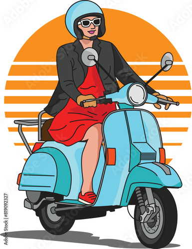 Vector Illustration ride girl scooter in summer scene in white background
