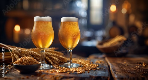 Two Glasses of Beer on a Wooden Table