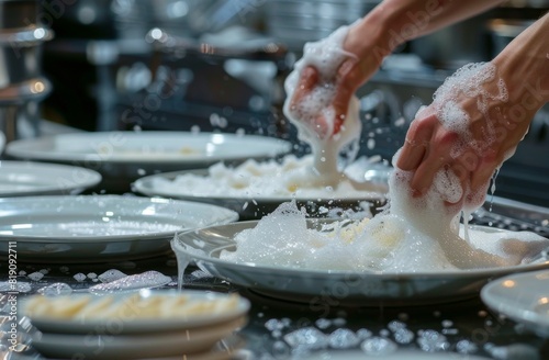 Person Washing Plates in Kitchen