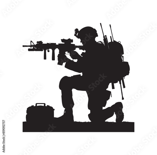 Soldier silhouette on a white background. Special army force wearing uniforms. Soldiers standing with assault rifles silhouette.armies with anonymous faces. infantry silhouette collection.