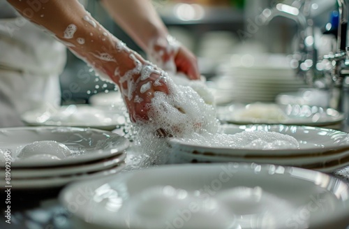 Person Washing Plates in Kitchen