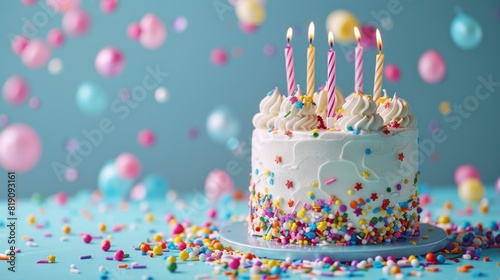 Colorful sprinkles and candles on a birthday cake  blue background with copy space for celebration