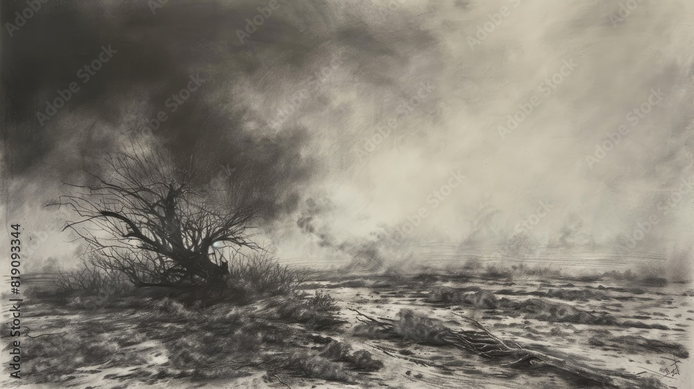 Fototapeta premium Charcoal drawing of barren, smoky landscape with leafless tree and dense fog