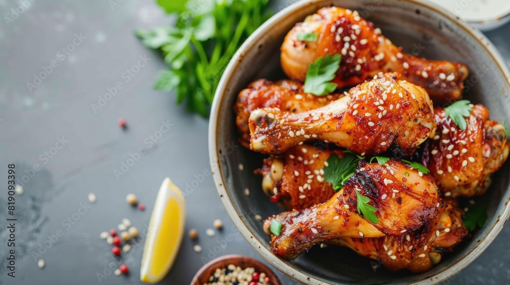 Fried chicken drumsticks with sesame seeds on table. Fried chicken drumsticks with sesame seeds on table.