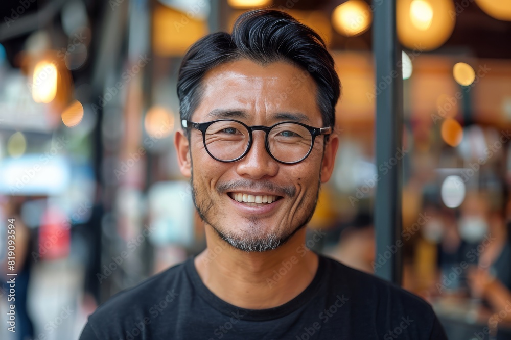 Man Smiling in Front of Cafe Man Smiling in Front of Cafe
