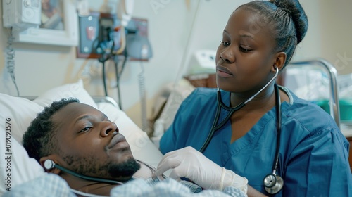 Friendly Black Head Nurse Uses Stethoscope to Listen to Heartbeat and Lungs of Recovering Male Patient Resting in Bed, Does Checkup photo