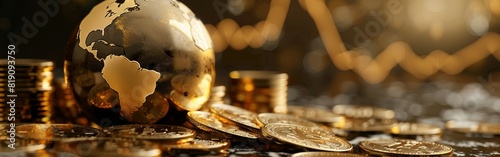 golden earth globe alongside gold coins, symbolizing business success, economic wealth, banking excess, international finance growth, and the dominance of money in global affairs