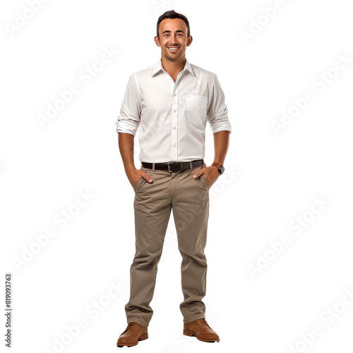A man is wearing a white shirt and gray pants