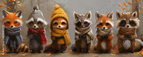 Adorable woodland creatures, like foxes and raccoons, dressed in winter attire, perfect for storybook projects
