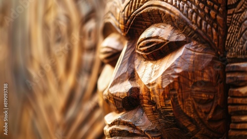 Detailed wooden carving of African male face in traditional style, highlighting cultural artistry