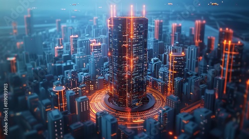 A futuristic skyscraper emerging from a base of digital coins  with drones flying around