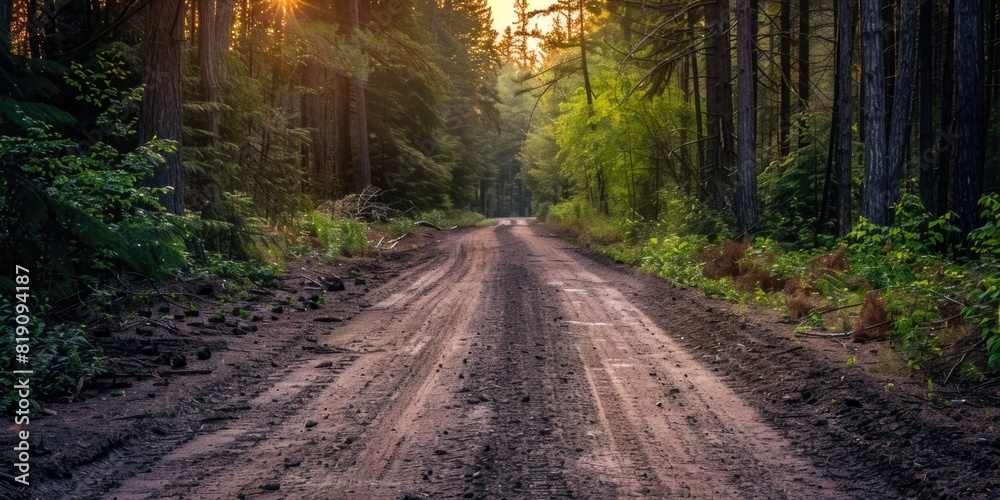 Front view of a dirt road in the middle of a forest