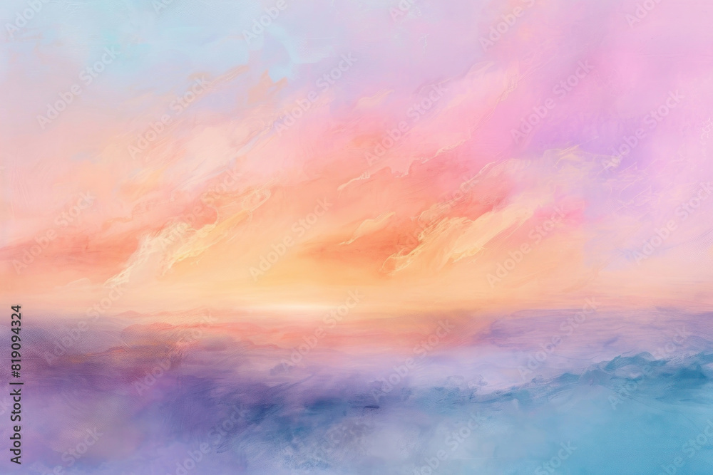 A minimalist abstract painting of a serene sunrise, blending soft shades of peach, lavender, and light blue. The composition is soothing, with a focus on color harmony and gentle transitions.