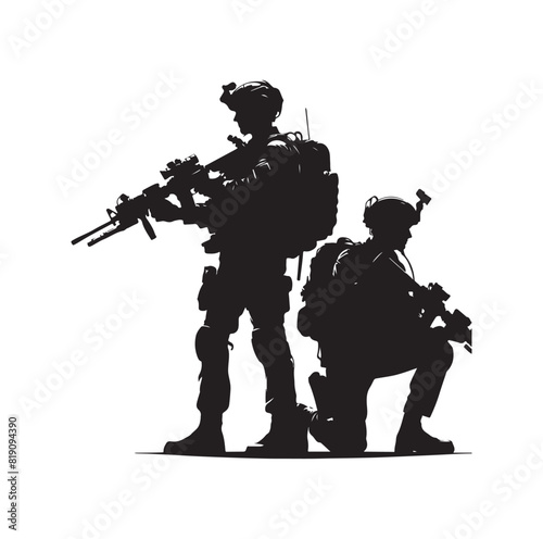 Soldier silhouette on a white background. Special army force wearing uniforms. Soldiers standing with assault rifles silhouette.armies with anonymous faces. infantry silhouette collection.