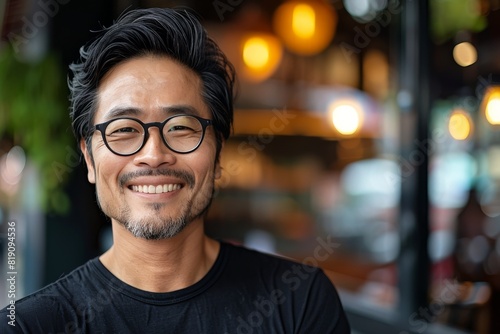 Man Smiling in Front of Cafe