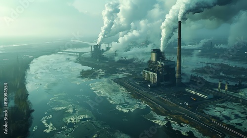 Aerial photo of industrial plant with smoke stacks releasing emissions, affecting the environment and showcasing pollution near a water body.