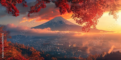 Fuji mountain in Japan Colorful Autumn Season with morning fog and red leaves is one of the best places in Japan photo