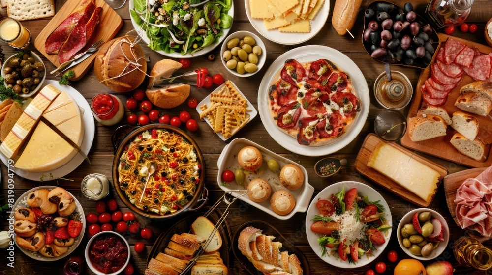 Full table of delicious Dinner party table European foods and drinks from top view, Happy dining time, buffet food dishes background