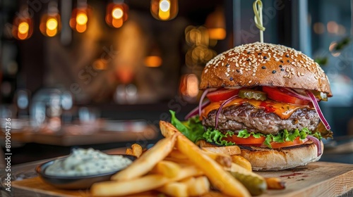 Gourmet burger with layers of fresh ingredients, served with truffle fries in a chic, industrialstyle restaurant photo