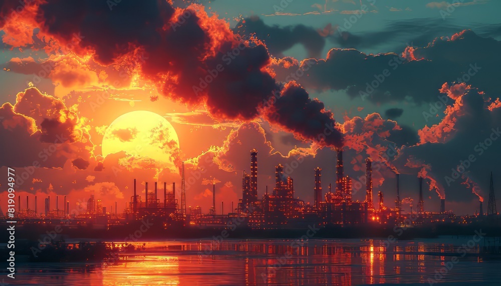 A dramatic sunset over an industrial landscape with large smokestacks and heavy pollution, reflected in a body of water.