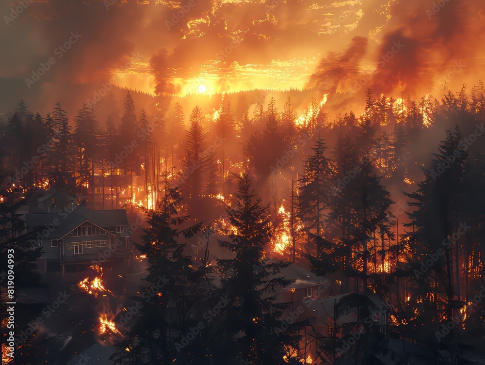 A devastating wildfire consumes a dense forest, sending plumes of smoke into the sky and engulfing the landscape in fierce flames.