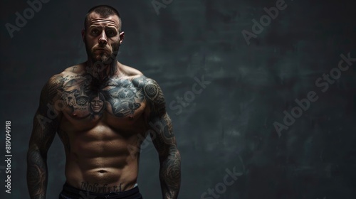 Fully tattooed man standing in front of a dark background