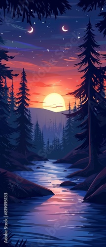summer activities camping in the woods journey flat design front view starry night cartoon drawing Splitcomplementary color scheme , high resolution