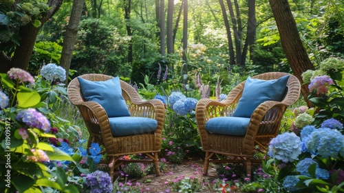 Two Wicker Chairs in Wooded Area
