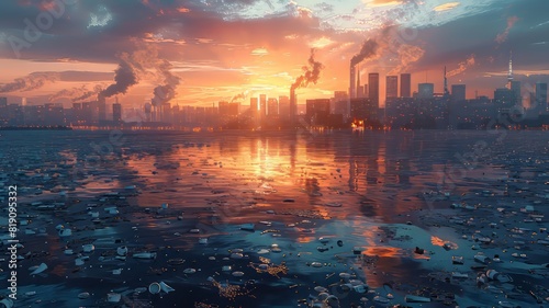 A polluted city skyline at sunset, with smoke stacks and industrial waste in the water reflecting the orange hues of the setting sun.